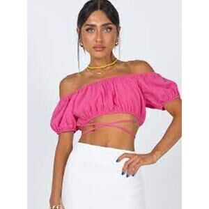 Princess Polly Pink Puff Sleeve Wrap Tie Crop Top Size 0 NWT